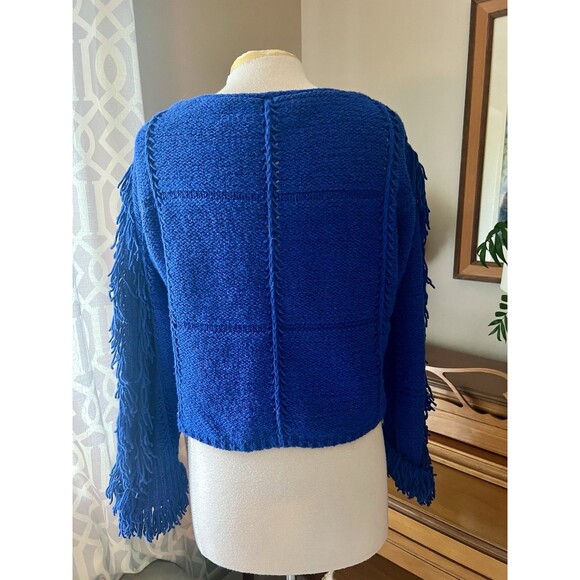 3.1 PHILLIP LIM Small Cashmere Angora Boxy Crop Fringed Open Knit Blue Sweater - Picture 4 of 6